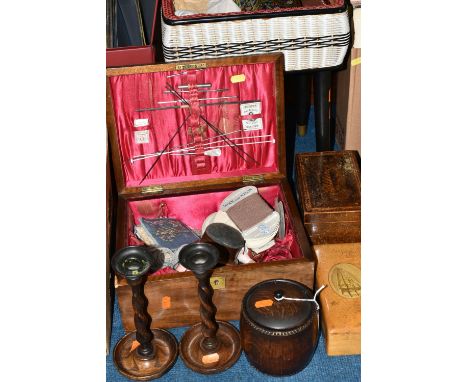 TWO WORK BOXES, A PAIR OF CANDLESTICKS AND OTHER WOODEN BOXES, to include a wooden work box with cerise pink lining and a mid