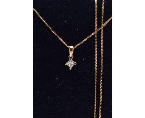 A 9CT GOLD DIAMOND PENDANT NECKLACE, the pendant set with a princess cut diamond, stamped diamond weight 0.20ct, fitted with 