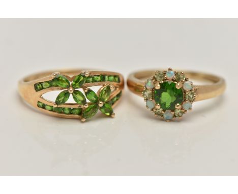 TWO 9CT GOLD GEM SET RINGS, the first a tsavorite, opal and peridot cluster ring, hallmarked 9ct Birmingham, ring size P, the