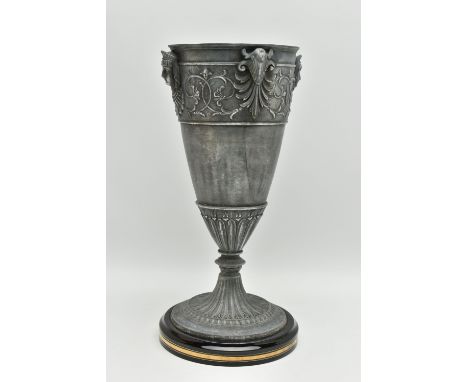 A LATE VICTORIAN BRITANNIA METAL / SPELTER OIL LAMP BASE, cast with two Egyptian busts and raised foliate designs, on a short