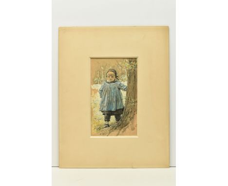 GEORGE HENRY BOUGHTON (1833-1905) CHILD WEARING A BLUE SMOCK, a portrait of a young boy standing beside a tree, initialled lo