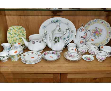 A GROUP OF ROYAL ALBERT TEAWARES, in various patterns comprising Water Meadow and Mayflower coffee pots, an Inspiration meat 