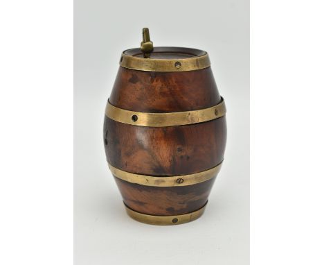 A VICTORIAN BRASS BOUND LIGNUM VITAE NOVELTY STRING BOX IN THE FORM OF A BARREL, screw off base, height 11.5cm (Condition Rep