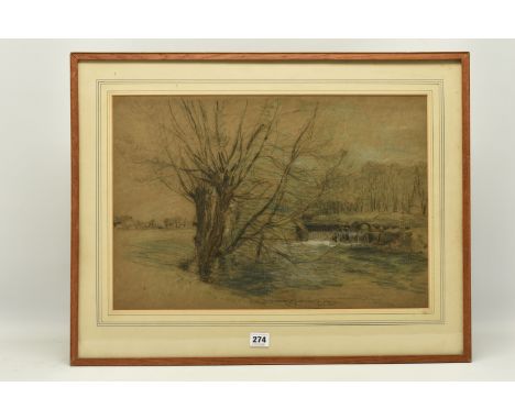 CIRCLE OF WILLIAM MARK FISHER (1841-1923) A SKETCH OF A RIVER LANDSCAPE, no visible signature, charcoal heightened with colou