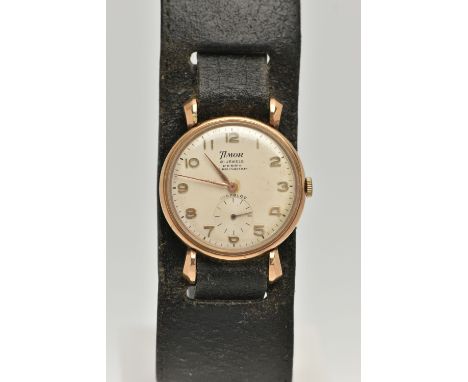 A GENTS 9CT GOLD 'TIMOR' WRISTWATCH, manual wind, round dial signed 'Timor, 21 Jewels Perry Birmingham', Arabic numerals, sub