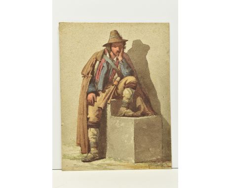 JAMES HAYLLAR (1829-1920) A PORTRAIT OF A MALE FIGURE, the man is seated upon a stone block with one foot raised, signed bott