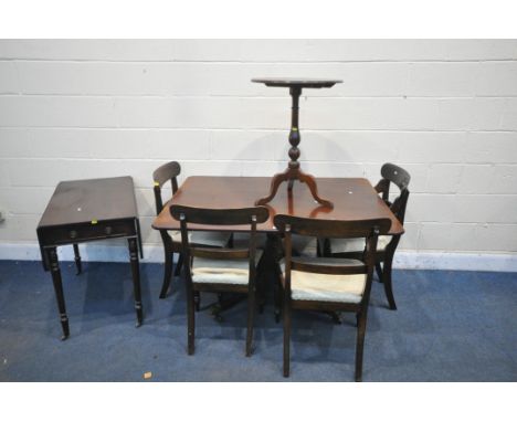 A REGENCY MAHOGANY RECTANGULAR TILT TOP TABLE, on a turned pedestal and four legs with brass castors, length 131cm x height 1