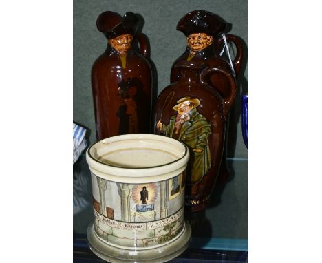 THREE ROYAL DOULTON KINGSWARE FLASKS AND A ROYAL DOULTON TOBACCO JAR BASE, comprising a Kingsware Dewars Whisky 'Tony Weller'