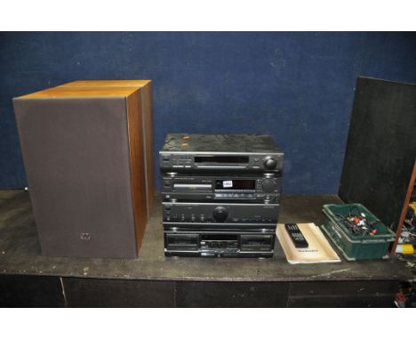 A TECHNICS HIFI SYSTEM, comprising an ST-GT550, an SL-PG500A, an SU-V500M2, an RS-TR474M2, along with a pair of teak framed W