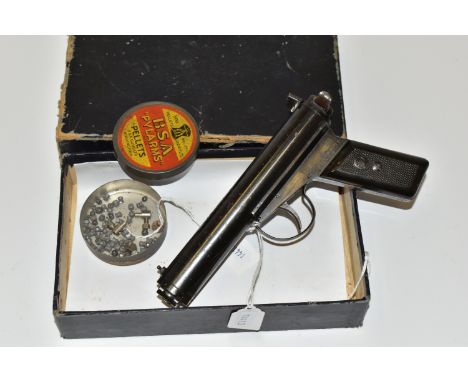 A BOXED ANTIQUE SECOND MODEL .177'' ACCLES &amp; SHELVOLE LTD WARRIOR AIR PISTOL, serial number 351268, it is in good working