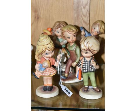 FIVE PM &amp; M CORTENDORF CERAMIC FIGURES, of stylised children, comprising a boy with books and satchel, another walking a 