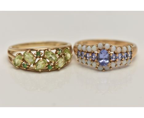 TWO 9CT GOLD GEM SET RINGS, the first a tanzanite and opal ring, polished band, hallmarked 9ct Birmingham, ring size S 1/2, t