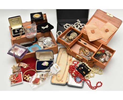 A BOX OF ASSORTED COSTUME JEWELLERY, to include a white metal filigree bracelet, a pair of white metal filigree butterfly non