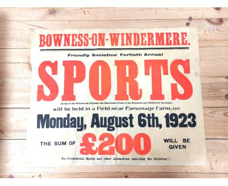 Cumbria - Sporting Poster.&nbsp;&nbsp;Poster for Bowness-on-Windermere Friendly Societys' Fortieth Annual Sports, Monday Augu