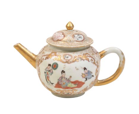 A FAMILLE ROSE EXPORT TEAPOT,  the baluster sides painted with scenes of Empresses and attendants, reserved against gilt enri