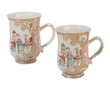A CHINESE EXPORT PORCELAIN MUG enamelled in polychrome with a principal reserve depicting figures playing with dogs in an ele