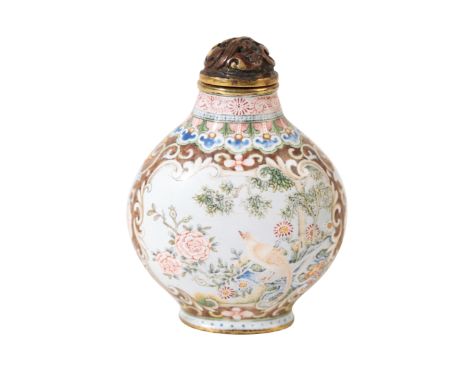 A FINE CHINESE ENAMEL SNUFF BOTTLE decorated with panels of birds and flowers, the base with a four character Qianlong mark i