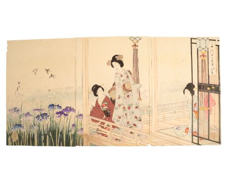 YOSHU CHIKANOBU (1838-1912) Iris Gardens, from the series of The Inner Palace of Chiyoda 1897, woodblock prints on paper, acr
