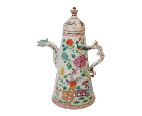 A CHINESE FAMILLE ROSE/VERTE COFFEE POT of silver shape with a tapering body enamelled in polychrome with exotic birds and co