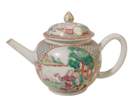 A CHINESE EXPORT FAMILLE VERTE TEAPOT with European figure decoration, the bullet-shaped body decorated with two circular pan