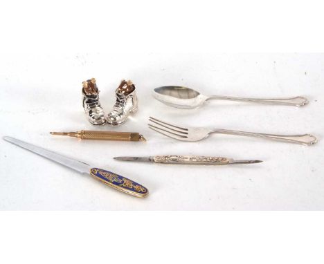 Mixed Lot:  Two white metal (925) enamel mouse walking boot ornament, hallmarked silver christening fork and spoon, Sheffield