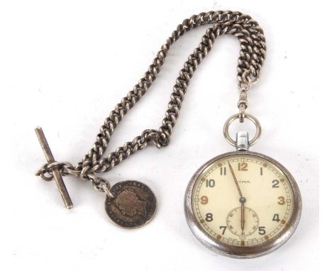 A military Cyma pocket watch with a silver albert chain, the pocket watch case back is stamped GSTP along with 20385 and the 