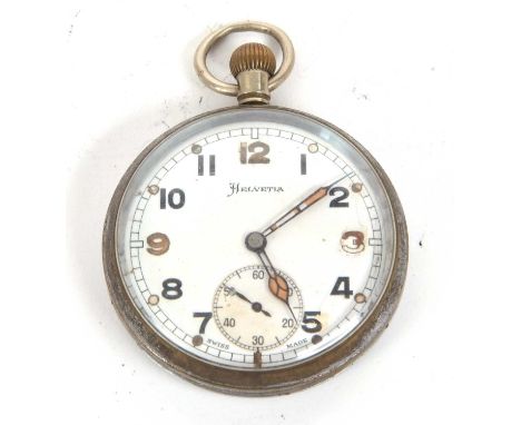 A Helvita pocket watch, it has a manually wound movement, the case back is engraved "GSTPP73475" along with the military arro