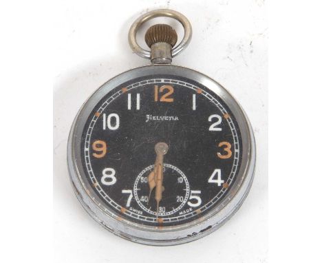 A Helvita military pocket watch, the watch has a black dial with Arabic numeral hour markers and has a crown wound movement, 