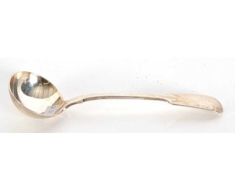 A Victorian silver fiddle pattern ladle of plain design with shaped oval bowl, hallmarked for London 1884, makers mark for Ro