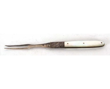 A Georgian silver mother of pearl travelling two prong fork, circa 1800, possibly Campaign, 7.5cm long