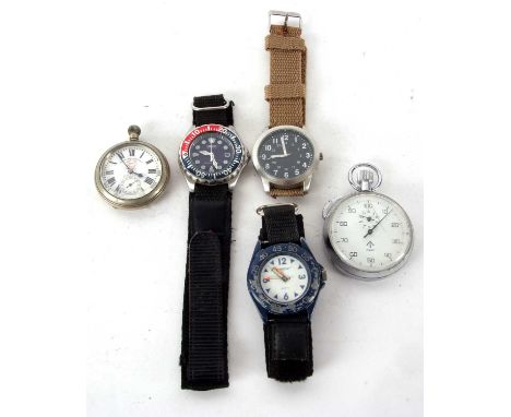 Mixed Lot:  Three wristwatches, a stopwatch and a pocket watch, the watches include a Citizen, the stopwatch is a CWC and fea