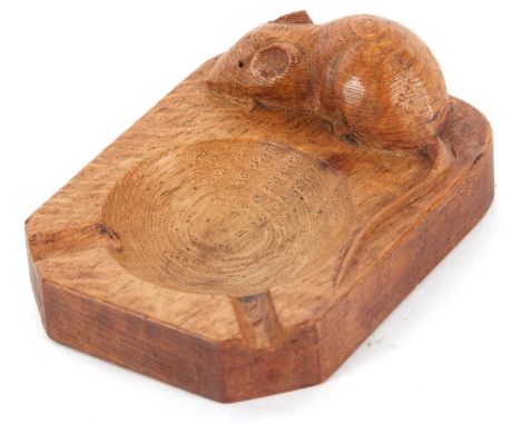 A vintage Robert Thompson mouseman hand carved oak ashtray, 10 x 7.5 cm