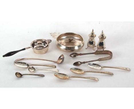 Mixed Lot:  A poringer marked "Lullaby" sterling, a pair of early small peppers hallmarked for Chester 1906, makers mark Walk