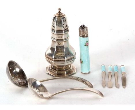 Mixed Lot:  George V small octagonal silver caster, hallmarked for Birmingham 1922, 9.5cm tall, a vintage silver and enamel c