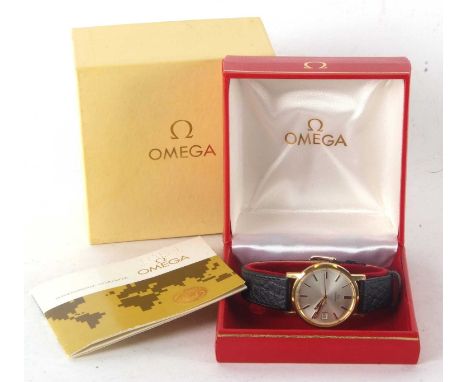 An Omega gents wristwatch with box and paperwork, it has a manually crown wound movement, the paperwork is dated 1979, it has