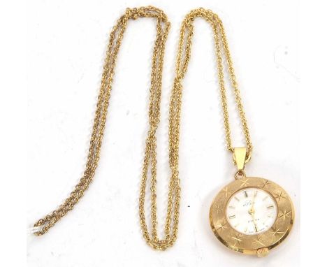 A Bvler pendant watch with chain, the watch has a manually crown wound 17 jewel movement, a silver coloured dial with baton h