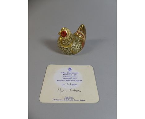 A Limited Edition Royal Crown Derby Paperweight, Farmyard Hen, with Gold Button and Certificate. No 1047/5000