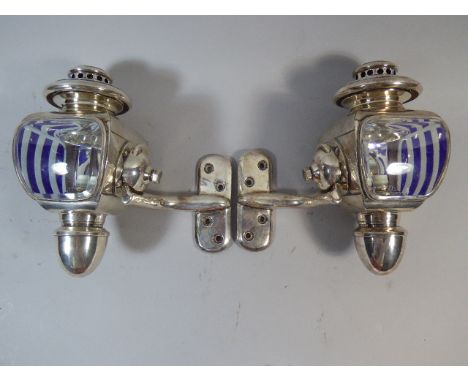 An Exceptional Pair of Early Chromed Automobile Oil Lamps by Auteroche with Original Mounting Brackets, Blue and Plain Glass 