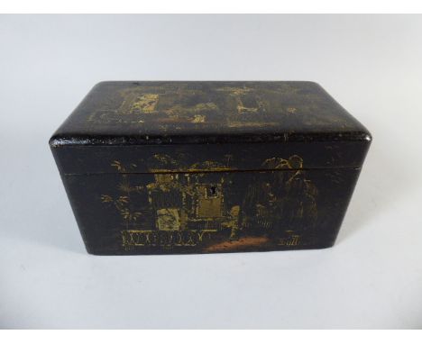 An Early 19th Century Regency Chinoiserie Lacquered Tea Caddy. The Interior with Two Lidded Compartments. 23x12x12cm