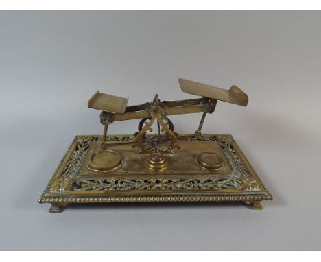 A Set of Victorian Brass Postage Scales with Weights. Etched and Pierced Decoration to Stand.