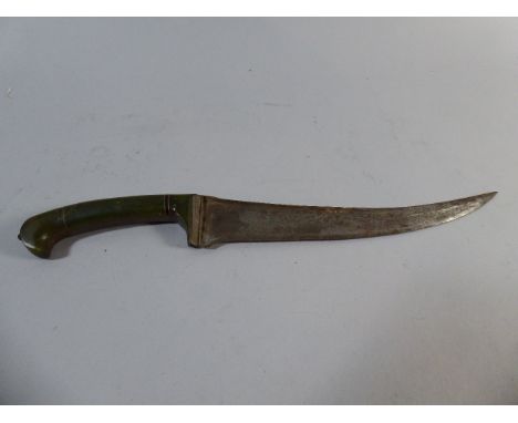 A Green Jade Handled Dagger with Curved Blade. 31cms Long.