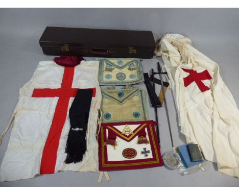 An Early 20th Century Leather Case Containing Knight Templar Robe and Tunic, Sword and Belt, Velvet Beret, Black Sash, Three 