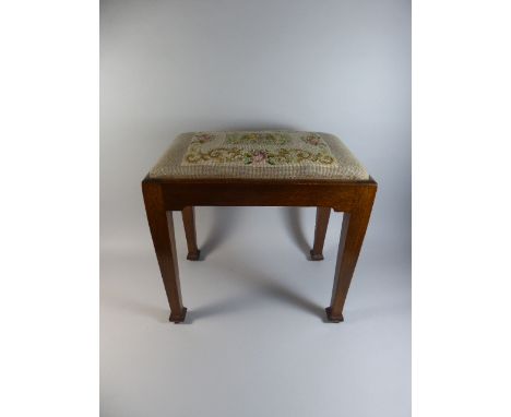 An Edwardian Oak Framed Stool with Tapestry Top, Tapering Square Legs and Spade Feet