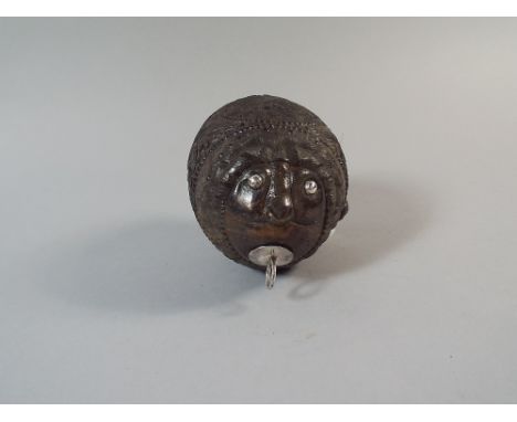 A 19th Century White Metal Mounted Bugbear Powder Flask. Carved From a Coconut Shell. Two Carved Roundels Depicting Crossed Q