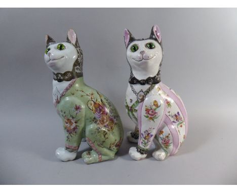 Two Rare Emile Galle Faience Studied of Seated Cats Circa 1880. Having Glass Eyes and Both with Painted Lockets Bearing a Por