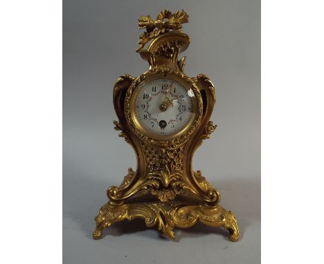 A Pretty French Ormolu Rococo Mantel Clock with Enamelled Dial with Floral Swag Decoration,