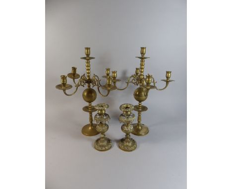 A Pair of Late 19th/ Early 20th Century Brass French Altar Candelabra together with a Pair of Anglo Indian Candlesticks.