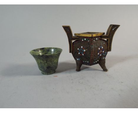 A Small Spinach Jade Tea Bowl and a Small Champleve Enamel Pot Decorated in Coloured Enamels and on Three Feet.