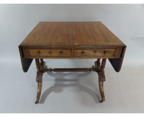 A 19th Century Drop Leaf Mahogany Sofa Table with Two Drawers, Cross Banded Top and Spiral Supports and Stretcher