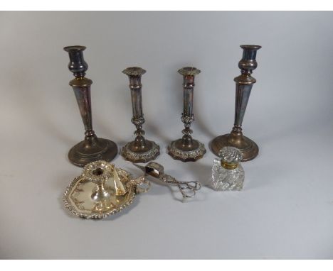 A Collection of SIlver Plate to Include Candle Sticks, Bed Chamber Stick, Inkwell Etc. 